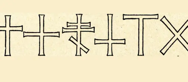 Verschiedene christliche Kreuze, darunter ein orthodoxes Kreuz und ein Tau-Kreuz, sind auf hellem Papier in schwarzer Tinte gezeichnet.
