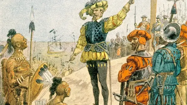 Europäische Entdecker treffen auf Ureinwohner, ein Moment der frühen kanada kolonie. Ein Anführer mit Schwert und Federhut spricht.