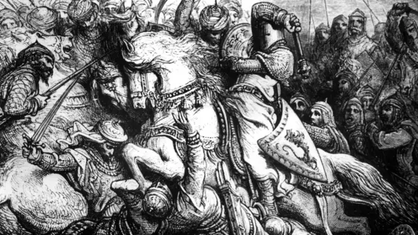 Ein Ritter, wie ein Gott des Krieges, erhebt seine Waffe im Kampf. Um ihn herum ein tobendes Schlachtfeld mit vielen Kriegern.