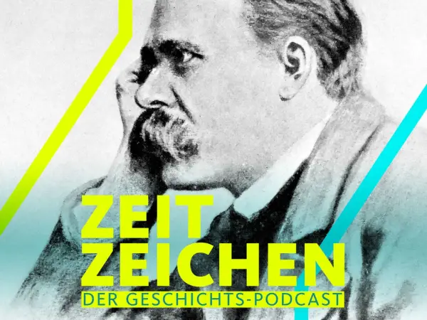 Ein Mann mit Schnurrbart, der über den ewigen Kreis nachdenkt, im Stil eines historischen Podcasts.