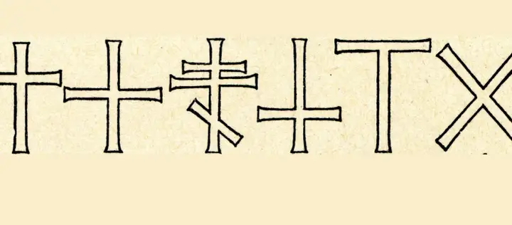 Verschiedene christliche Kreuze, darunter ein orthodoxes Kreuz und ein Tau-Kreuz, sind auf hellem Papier in schwarzer Tinte gezeichnet.