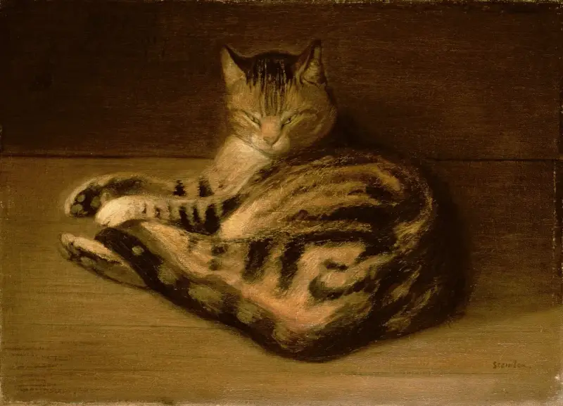 Ein gestreifter Kater ruht sich aus, gemalt von Theophile Steinlen.